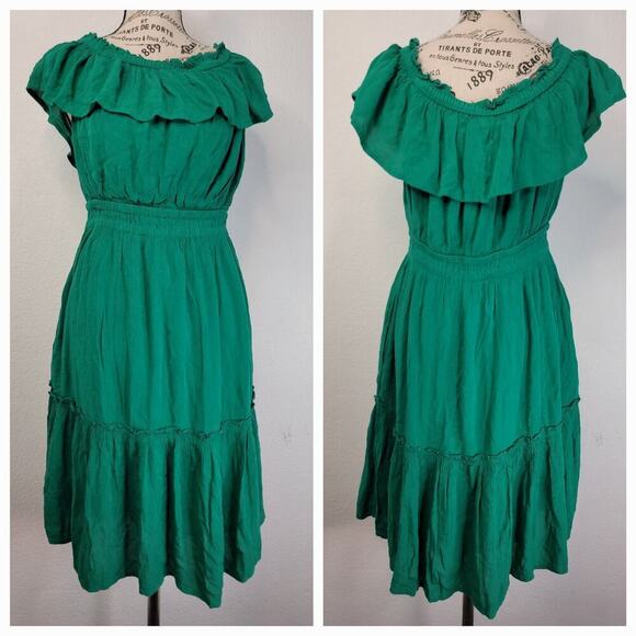 Tommy Bahama Dresses & Skirts - Tommy Bahama Midi Dress XS Layered Off Shoulders Green Cottagecore Bohemian